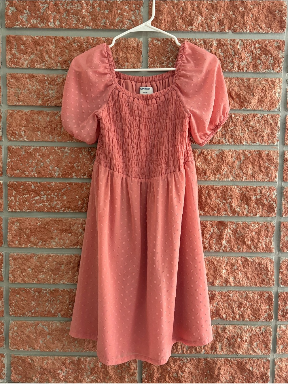 Old Navy Coral Dress with Smocked Bodice and Puff Sleeves